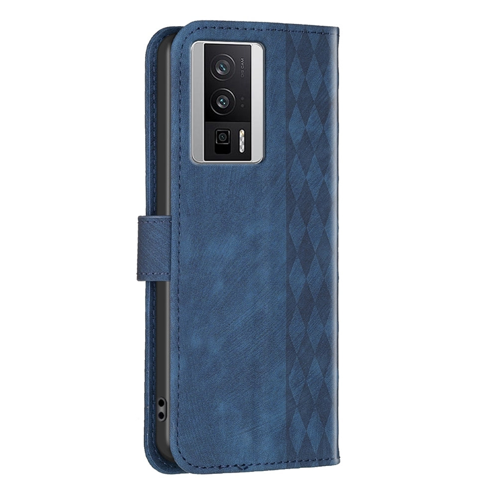 Xiaomi Redmi K60 Case - Embossed Plaid Leather Wallet Cover with Card Slots, Kickstand, and 360 degree Protection