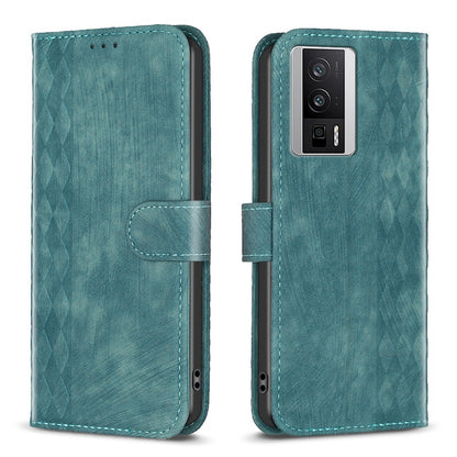 Xiaomi Redmi K60 Case - Embossed Plaid Leather Wallet Cover with Card Slots, Kickstand, and 360 degree Protection