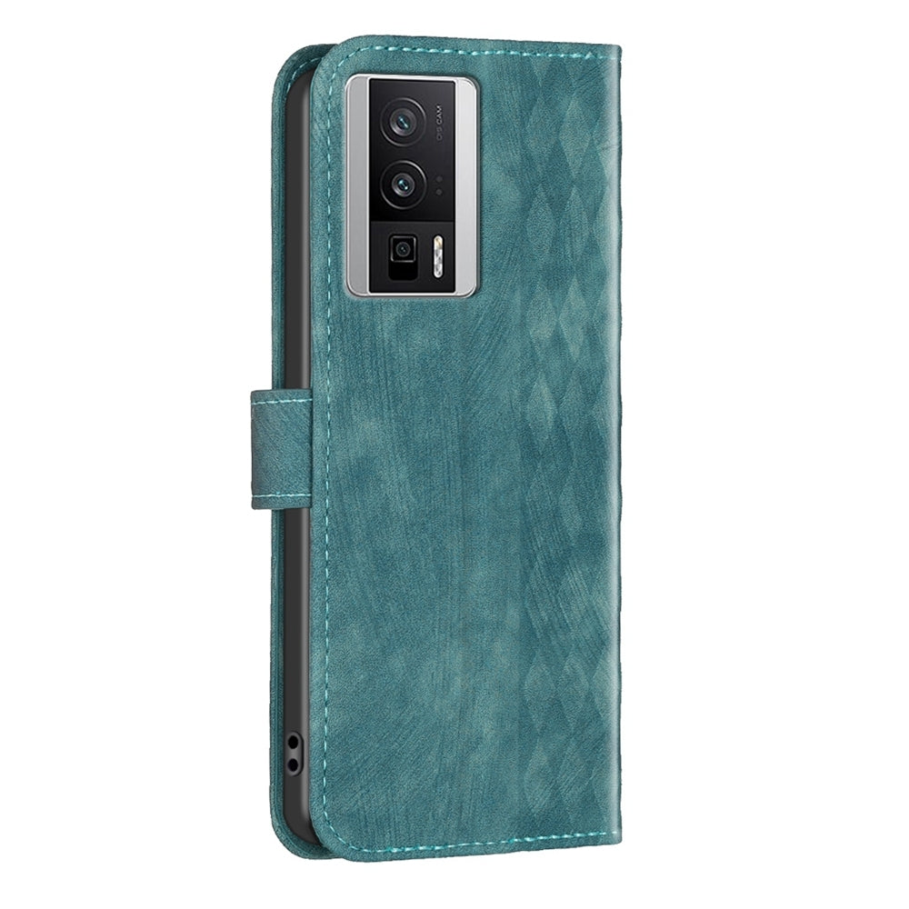 Xiaomi Redmi K60 Case - Embossed Plaid Leather Wallet Cover with Card Slots, Kickstand, and 360 degree Protection