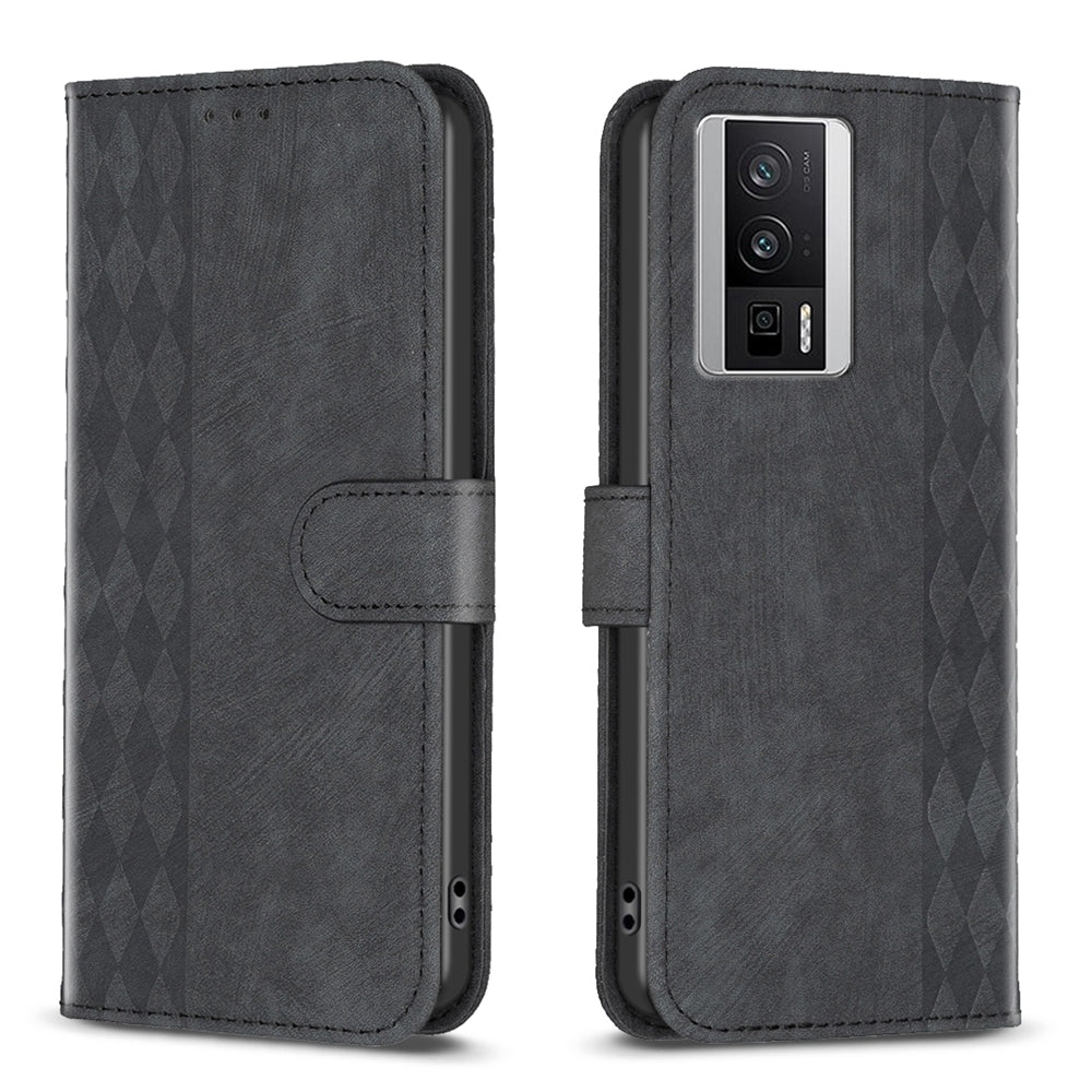 Xiaomi Redmi K60 Case - Embossed Plaid Leather Wallet Cover with Card Slots, Kickstand, and 360 degree Protection