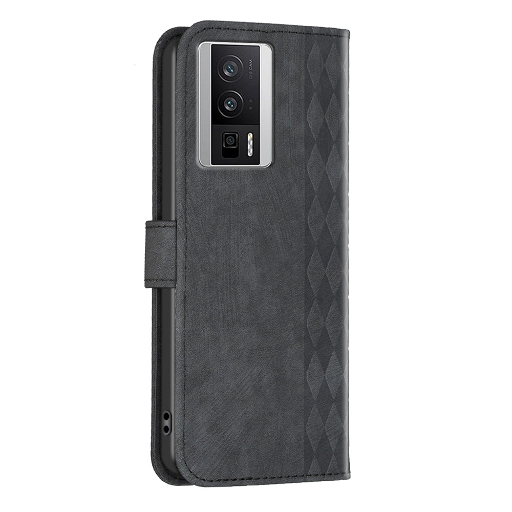 Xiaomi Redmi K60 Case - Embossed Plaid Leather Wallet Cover with Card Slots, Kickstand, and 360 degree Protection