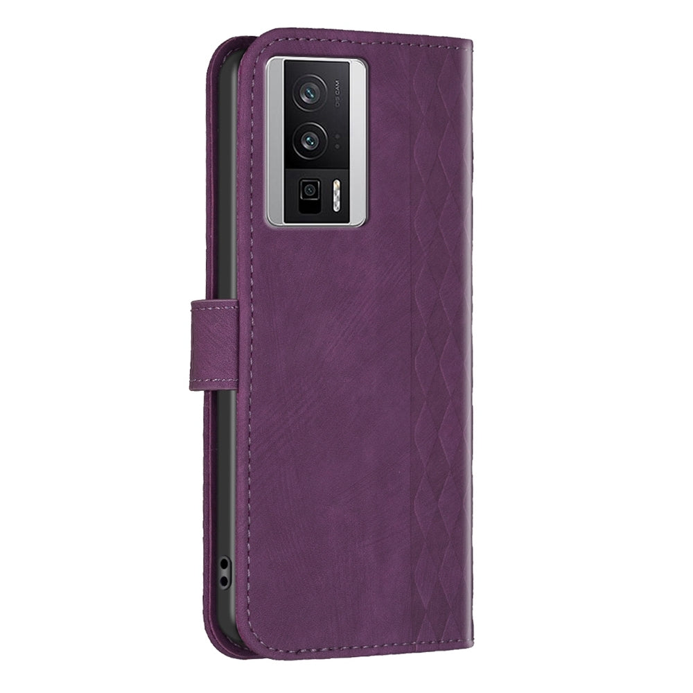 Xiaomi Redmi K60 Case - Embossed Plaid Leather Wallet Cover with Card Slots, Kickstand, and 360 degree Protection