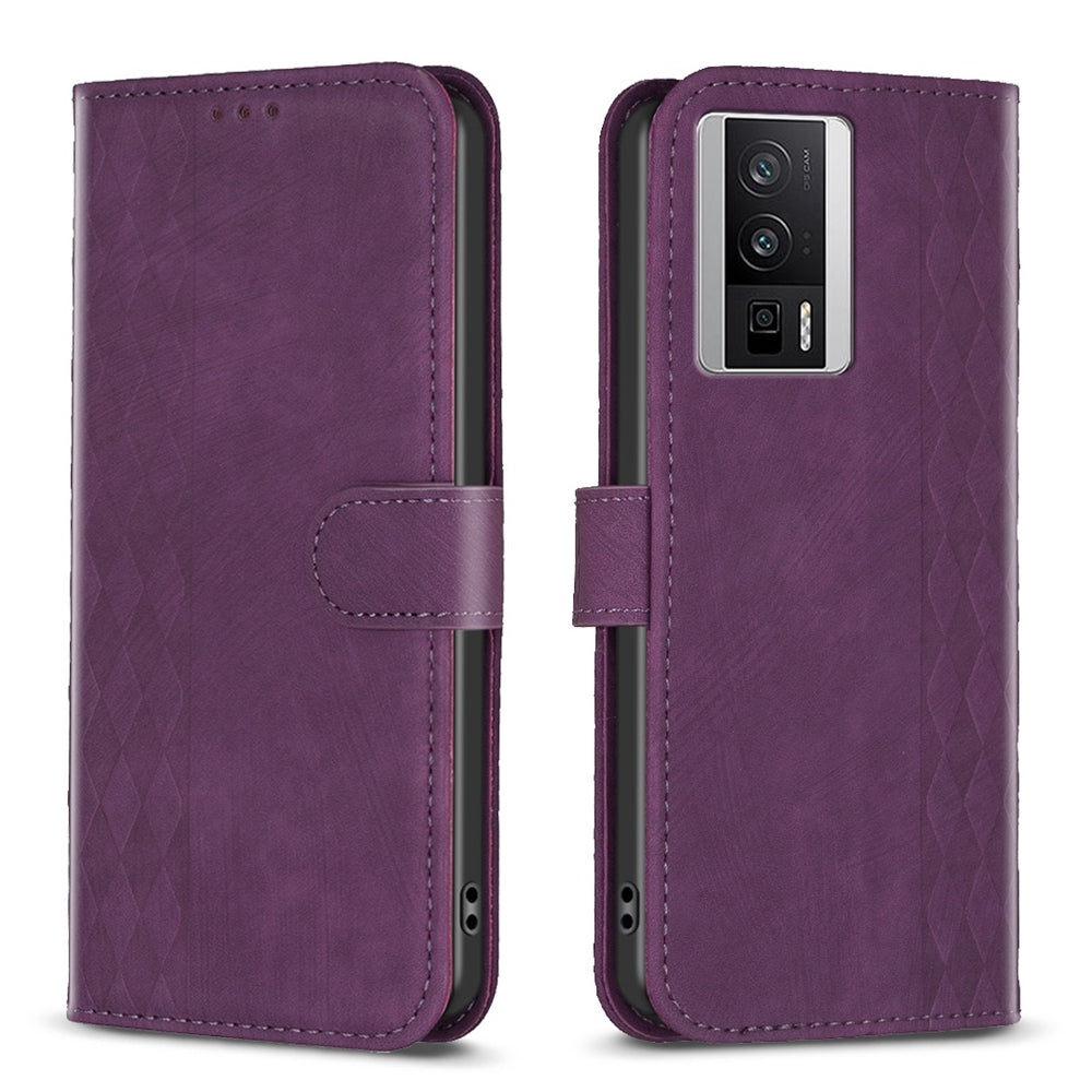 Xiaomi Redmi K60 Pro Case - Embossed Plaid Leather Wallet Cover with Card Slots, Kickstand, and 360 degree Protection