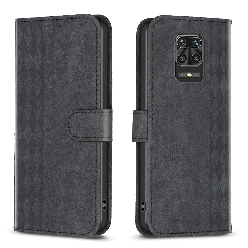 Xiaomi Redmi Note 9 Pro Case - Embossed Plaid Leather Wallet Cover with Card Slots, Kickstand, and 360 degree Protection