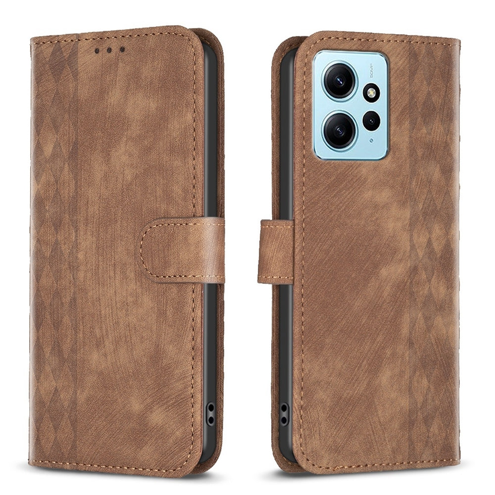 Xiaomi Redmi Note 12 4G Global Case - Embossed Plaid Leather Wallet Cover with Card Slots, Kickstand, and 360 degree Protection