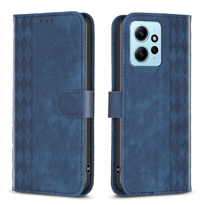 Xiaomi Redmi Note 12 4G Global Case - Embossed Plaid Leather Wallet Cover with Card Slots, Kickstand, and 360 degree Protection