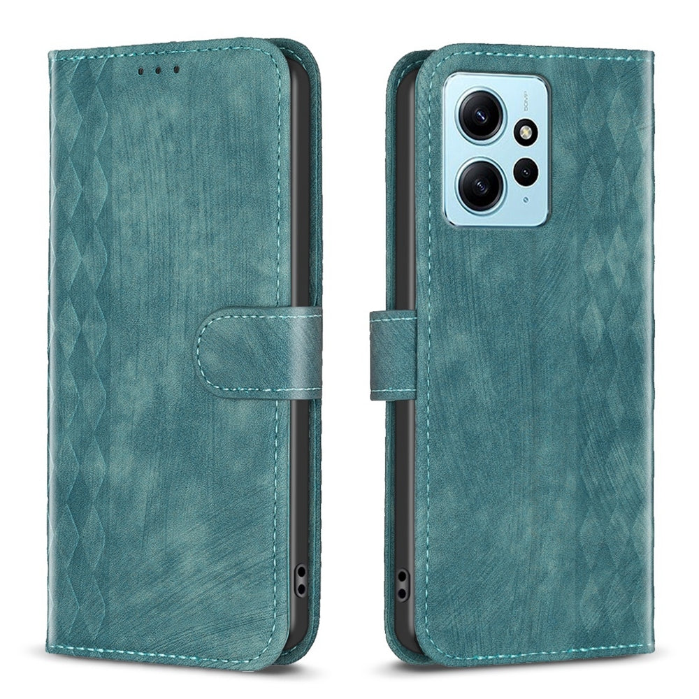 Xiaomi Redmi Note 12 4G Global Case - Embossed Plaid Leather Wallet Cover with Card Slots, Kickstand, and 360 degree Protection