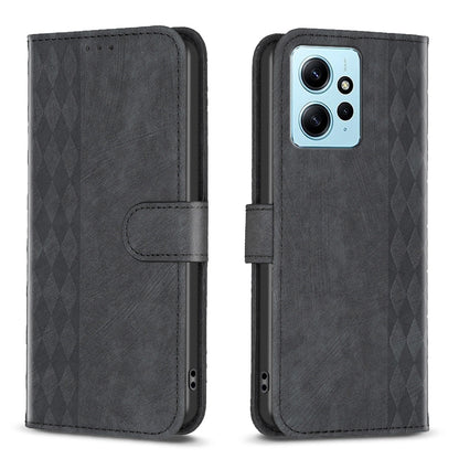 Xiaomi Redmi Note 12 4G Global Case - Embossed Plaid Leather Wallet Cover with Card Slots, Kickstand, and 360 degree Protection