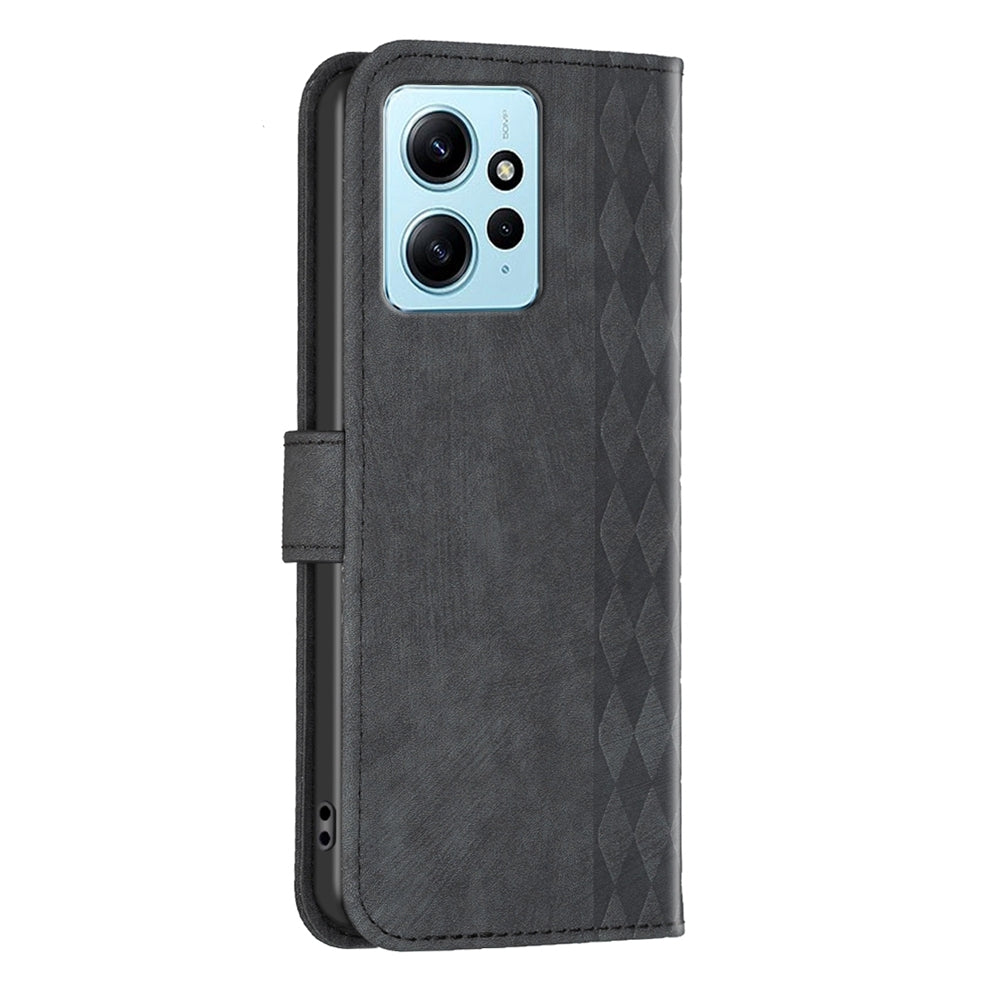 Xiaomi Redmi Note 12 4G Global Case - Embossed Plaid Leather Wallet Cover with Card Slots, Kickstand, and 360 degree Protection