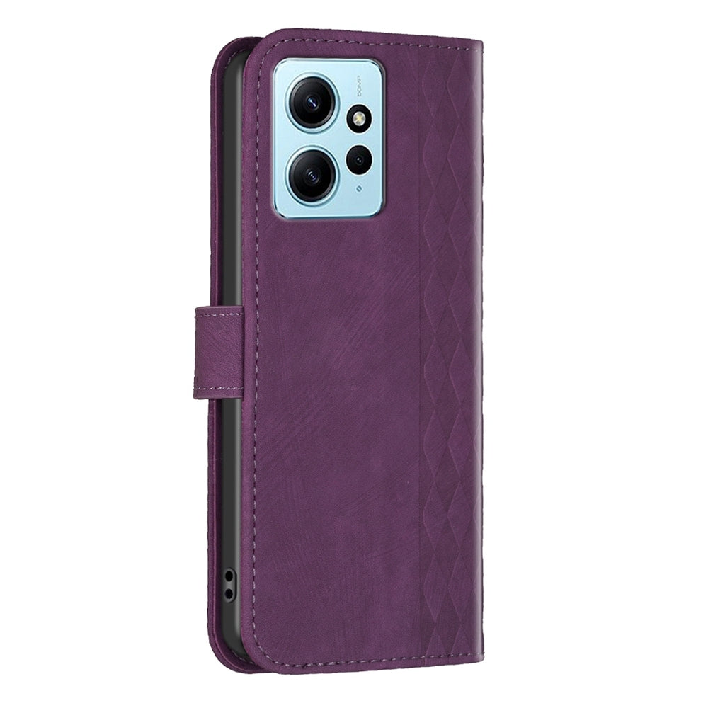 Xiaomi Redmi Note 12 4G Global Case - Embossed Plaid Leather Wallet Cover with Card Slots, Kickstand, and 360 degree Protection