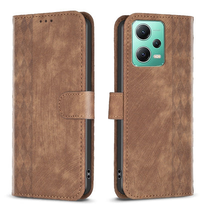 Xiaomi Redmi Note 12 5G Global Case - Embossed Plaid Leather Wallet Cover with Card Slots, Kickstand, and 360 degree Protection