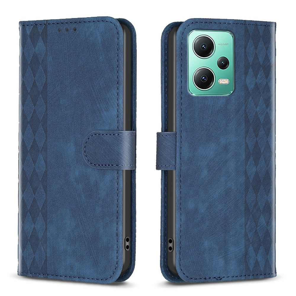 Xiaomi Redmi Note 12 5G Global Case - Embossed Plaid Leather Wallet Cover with Card Slots, Kickstand, and 360 degree Protection