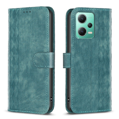 Xiaomi Redmi Note 12 5G Global Case - Embossed Plaid Leather Wallet Cover with Card Slots, Kickstand, and 360 degree Protection