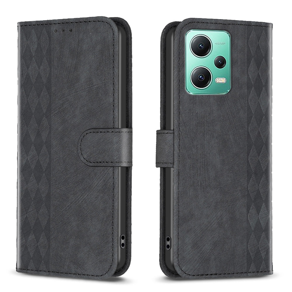 Xiaomi Redmi Note 12 5G Global Case - Embossed Plaid Leather Wallet Cover with Card Slots, Kickstand, and 360 degree Protection