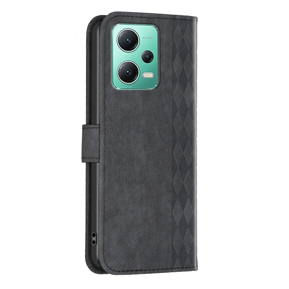 Xiaomi Redmi Note 12 5G Global Case - Embossed Plaid Leather Wallet Cover with Card Slots, Kickstand, and 360 degree Protection