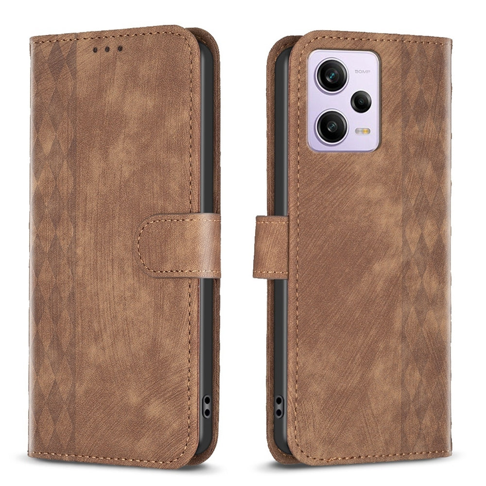 Xiaomi Redmi Note 12 Pro Global Case - Embossed Plaid Leather Wallet Cover with Card Slots, Kickstand, and 360 degree Protection