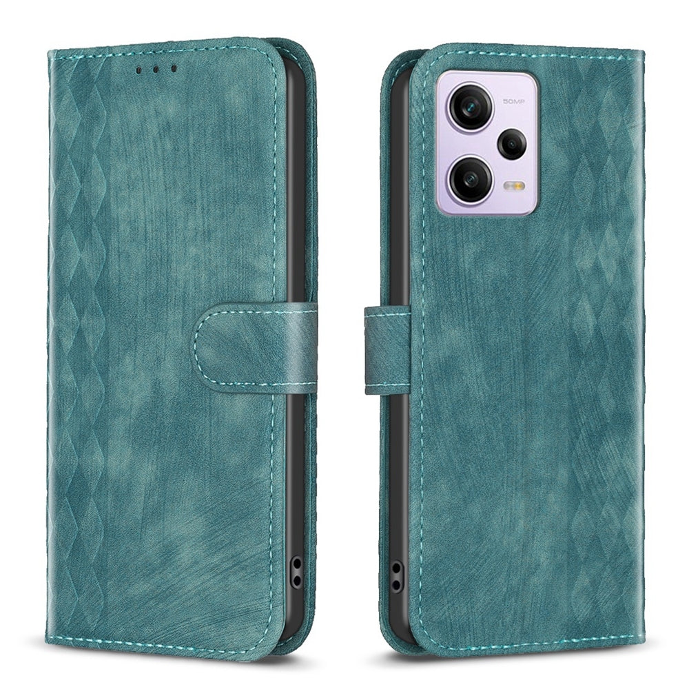 Xiaomi Redmi Note 12 Pro Global Case - Embossed Plaid Leather Wallet Cover with Card Slots, Kickstand, and 360 degree Protection