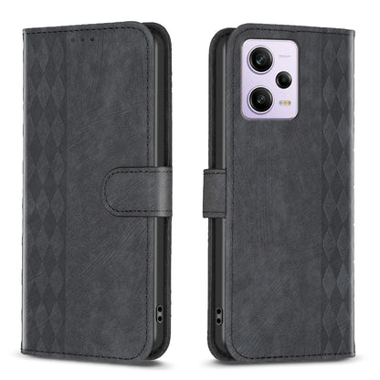 Xiaomi Redmi Note 12 Pro Global Case - Embossed Plaid Leather Wallet Cover with Card Slots, Kickstand, and 360 degree Protection