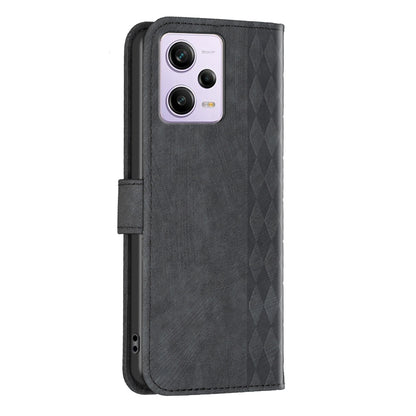 Xiaomi Redmi Note 12 Pro Global Case - Embossed Plaid Leather Wallet Cover with Card Slots, Kickstand, and 360 degree Protection