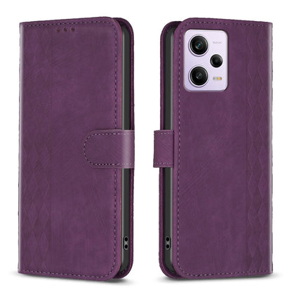 Xiaomi Redmi Note 12 Pro Global Case - Embossed Plaid Leather Wallet Cover with Card Slots, Kickstand, and 360 degree Protection