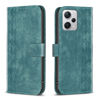 Xiaomi Redmi Note 12 Pro+ Global Case - Embossed Plaid Leather Wallet Cover with Card Slots, Kickstand, and 360 degree Protection