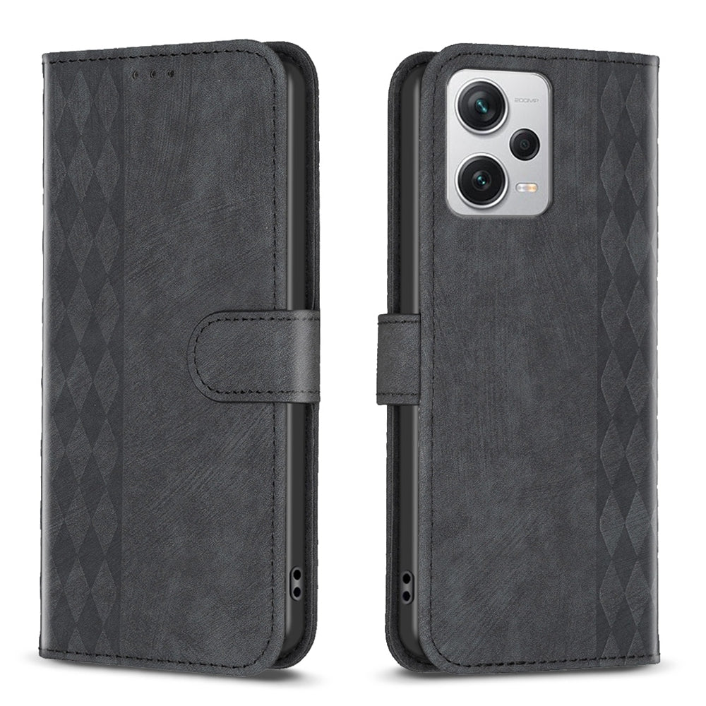 Xiaomi Redmi Note 12 Pro+ Global Case - Embossed Plaid Leather Wallet Cover with Card Slots, Kickstand, and 360 degree Protection