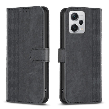 Xiaomi Redmi Note 12 Pro+ Global Case - Embossed Plaid Leather Wallet Cover with Card Slots, Kickstand, and 360 degree Protection