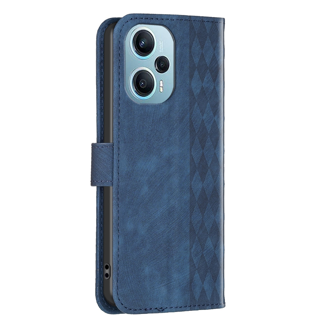 Xiaomi Poco F5 5G Case - Embossed Plaid Leather Wallet Cover with Card Slots, Kickstand, and 360 degree Protection