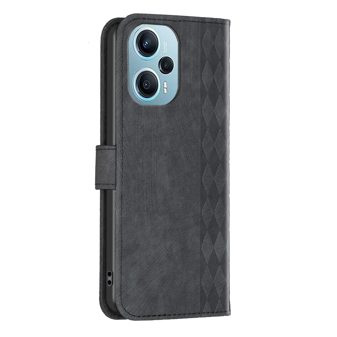 Xiaomi Poco F5 5G Case - Embossed Plaid Leather Wallet Cover with Card Slots, Kickstand, and 360 degree Protection