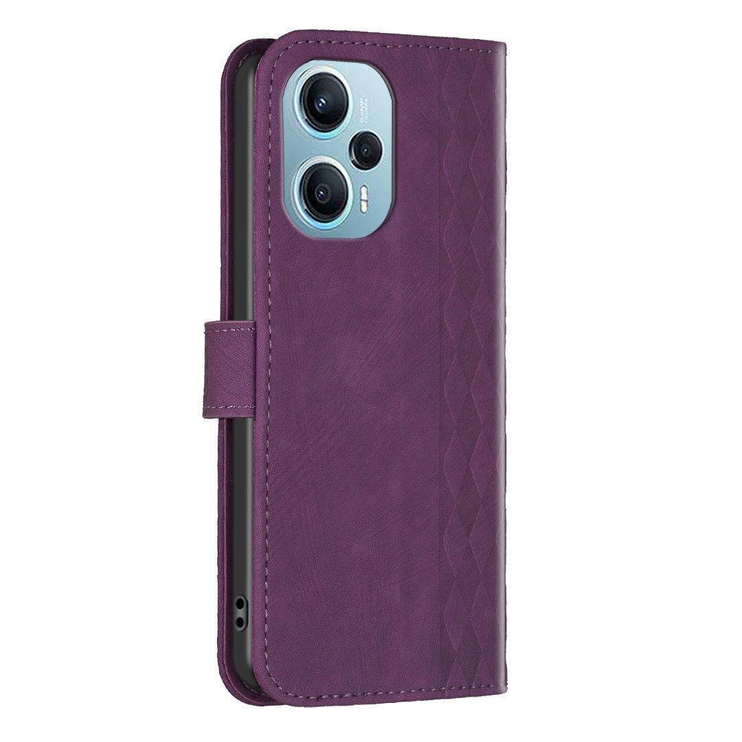 Xiaomi Poco F5 5G Case - Embossed Plaid Leather Wallet Cover with Card Slots, Kickstand, and 360 degree Protection