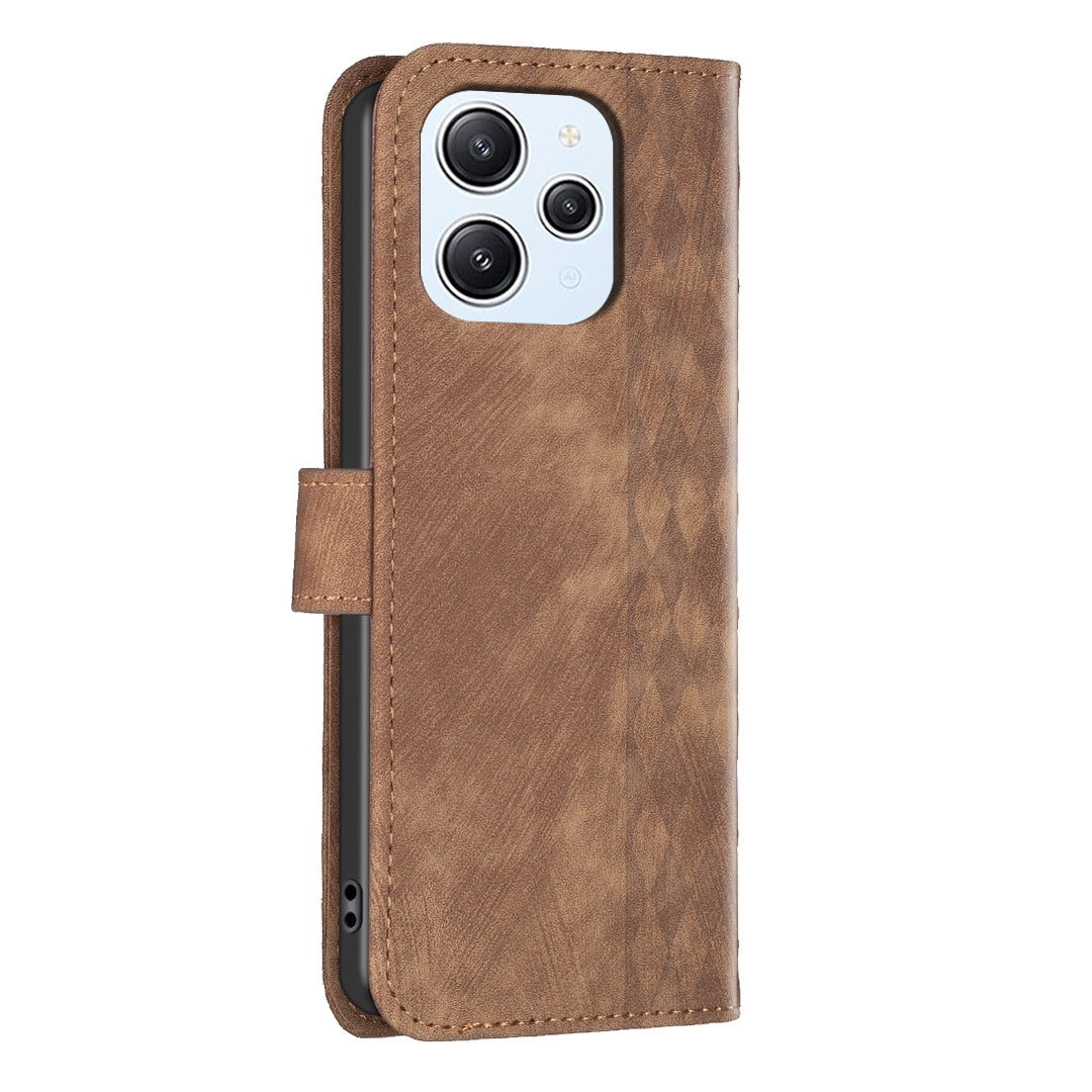 Xiaomi Redmi 12 4G Case - Embossed Plaid Leather Wallet Cover with Card Slots, Kickstand, and 360 degree Protection