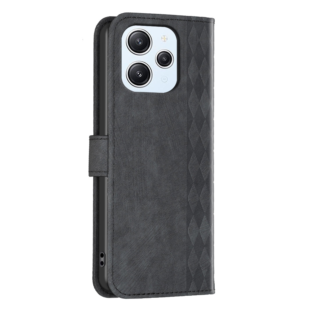 Xiaomi Redmi 12 4G Case - Embossed Plaid Leather Wallet Cover with Card Slots, Kickstand, and 360 degree Protection