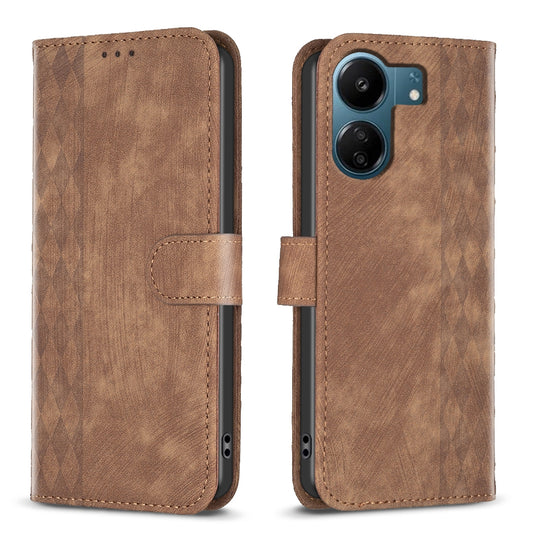 Xiaomi Redmi 13C Case - Embossed Plaid Leather Wallet Cover with Card Slots, Kickstand, and 360 degree Protection