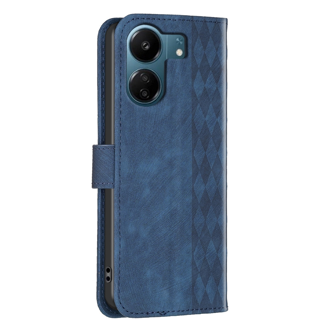 Xiaomi Redmi 13C Case - Embossed Plaid Leather Wallet Cover with Card Slots, Kickstand, and 360 degree Protection