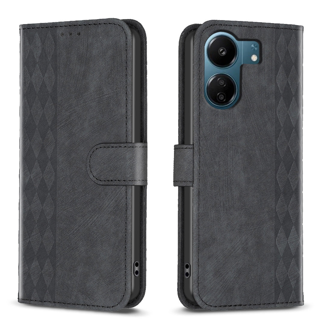 Xiaomi Redmi 13C Case - Embossed Plaid Leather Wallet Cover with Card Slots, Kickstand, and 360 degree Protection