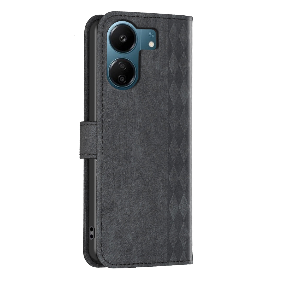 Xiaomi Redmi 13C Case - Embossed Plaid Leather Wallet Cover with Card Slots, Kickstand, and 360 degree Protection