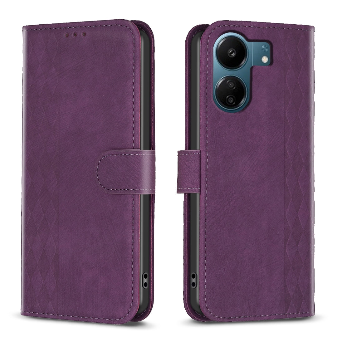 Xiaomi Redmi 13C Case - Embossed Plaid Leather Wallet Cover with Card Slots, Kickstand, and 360 degree Protection