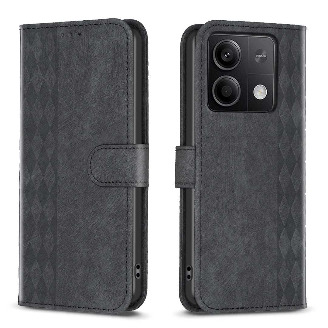 Xiaomi Redmi Note 13 4G Case - Embossed Plaid Leather Wallet Cover with Card Slots, Kickstand, and 360 degree Protection