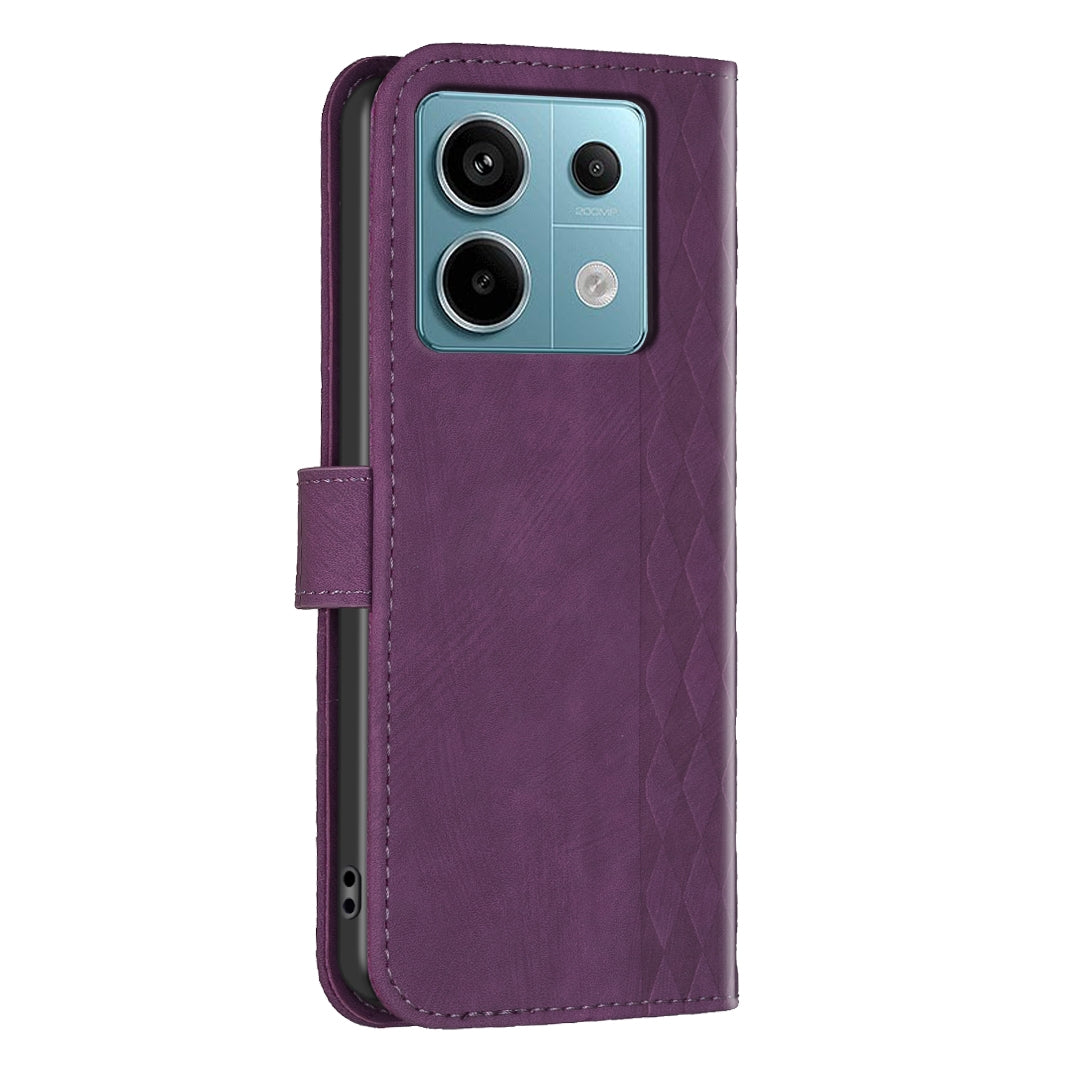 Xiaomi Redmi Note 13 Pro 4G Case - Embossed Plaid Leather Wallet Cover with Card Slots, Kickstand, and 360 degree Protection