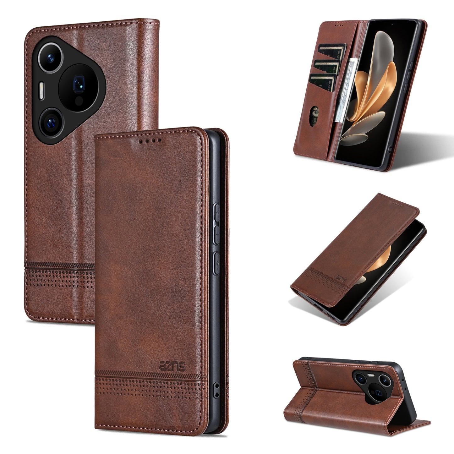 Huawei Pura 70 Pro/70 Pro+ Fine Hole Leather Wallet Case with Card Holder & Magnetic Closure