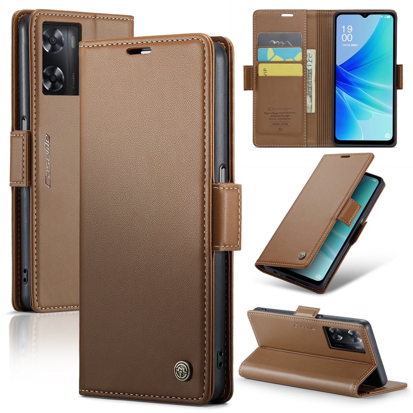 OPPO A57/A57s 4G Leather Case - RFID Anti-theft, Butterfly Buckle, Litchi Texture, Card Slot & Stand