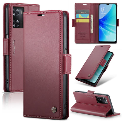 OPPO A57/A57s 4G Leather Case - RFID Anti-theft, Butterfly Buckle, Litchi Texture, Card Slot & Stand