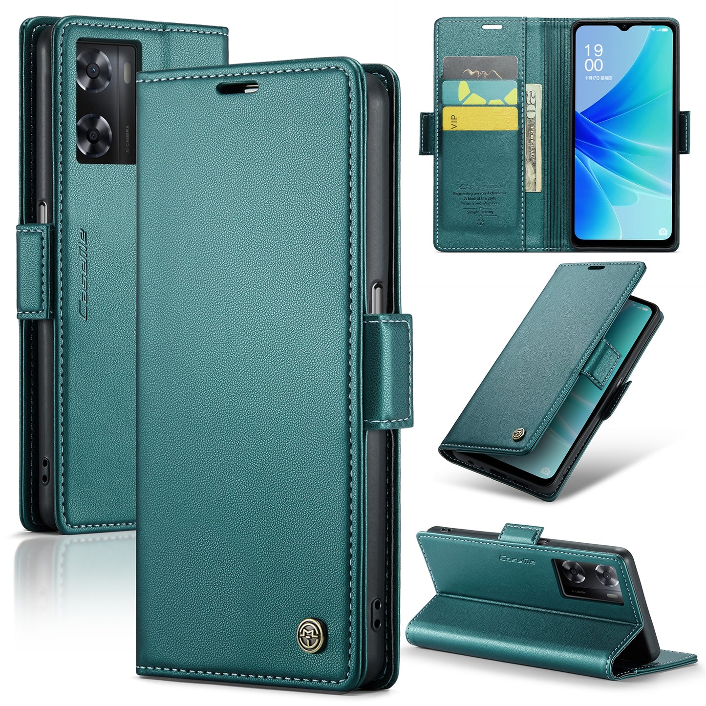 OPPO A57/A57s 4G Leather Case - RFID Anti-theft, Butterfly Buckle, Litchi Texture, Card Slot & Stand