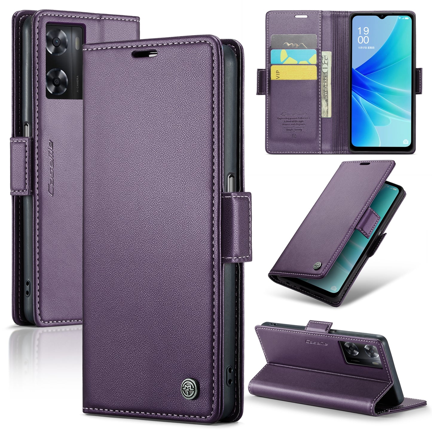 OPPO A57/A57s 4G Leather Case - RFID Anti-theft, Butterfly Buckle, Litchi Texture, Card Slot & Stand