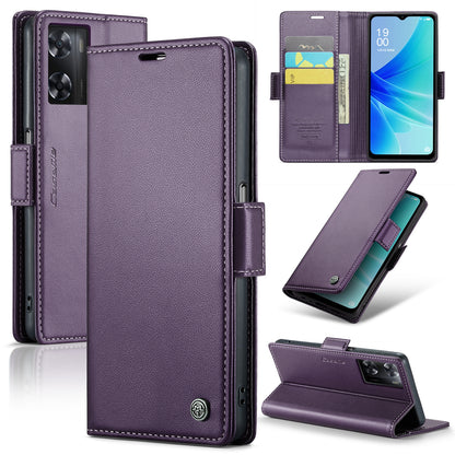 OPPO A57/A57s 4G Leather Case - RFID Anti-theft, Butterfly Buckle, Litchi Texture, Card Slot & Stand