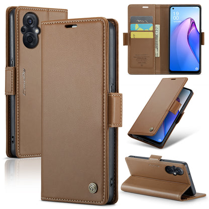 OPPO Reno8 Lite Leather Case - RFID Anti-theft, Butterfly Buckle, Litchi Texture, Card Slot & Stand