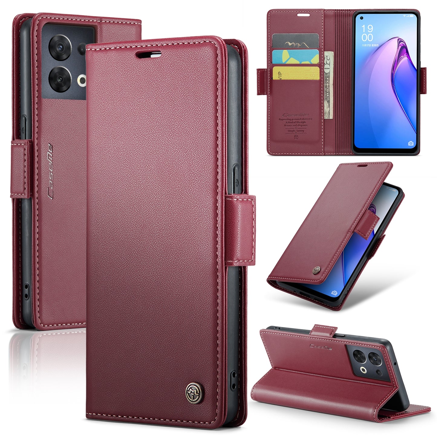 OPPO Reno8 5G Leather Case - RFID Anti-theft, Butterfly Buckle, Litchi Texture, Card Slot & Stand