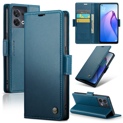 OPPO Reno8 5G Leather Case - RFID Anti-theft, Butterfly Buckle, Litchi Texture, Card Slot & Stand