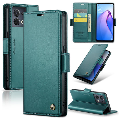 OPPO Reno8 5G Leather Case - RFID Anti-theft, Butterfly Buckle, Litchi Texture, Card Slot & Stand