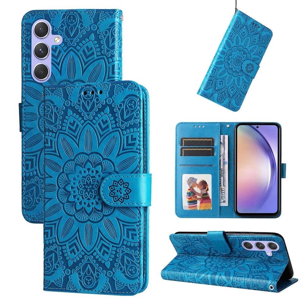 Samsung Galaxy M54 5G Sunflower Embossed Leather Wallet Phone Case with Kickstand and Card Holder